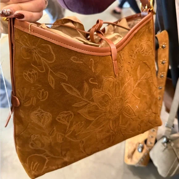 Floral Hand Burned Brown Suede Bag - Picture 2 of 2